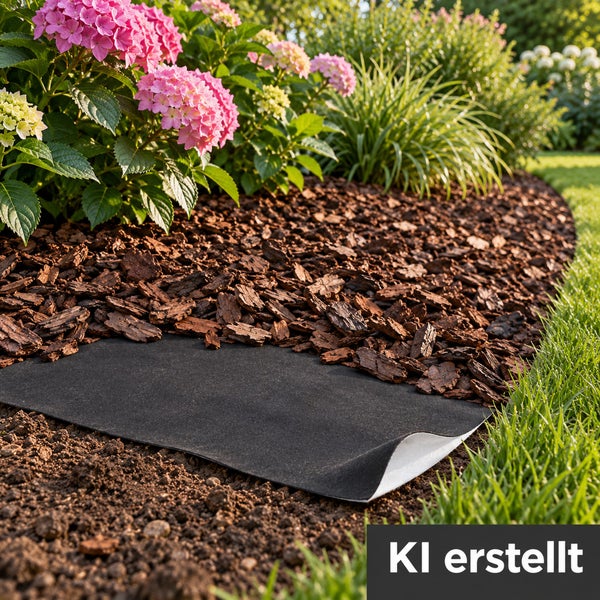 Ein Unkrautvlies liegt halb unter Rindenmulch in einem Gartenbeet mit Hortensien und Gras.