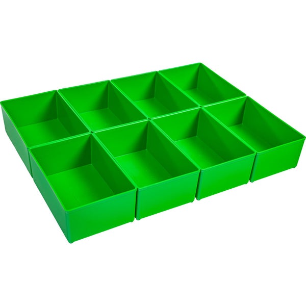 8 grüne Einsatzboxen aus Kunststoff zur Organisation von Kleinteilen in Werkzeugkoffern oder Schubladen.