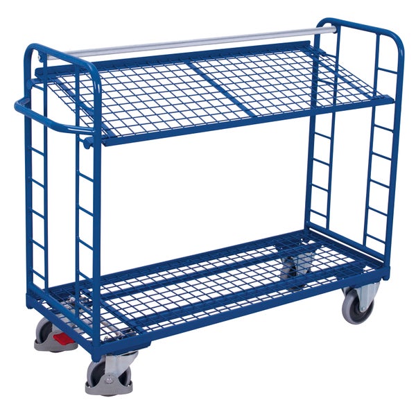 Blauer Transportwagen mit zwei Gitterböden aus Stahl und vier Lenkrollen.