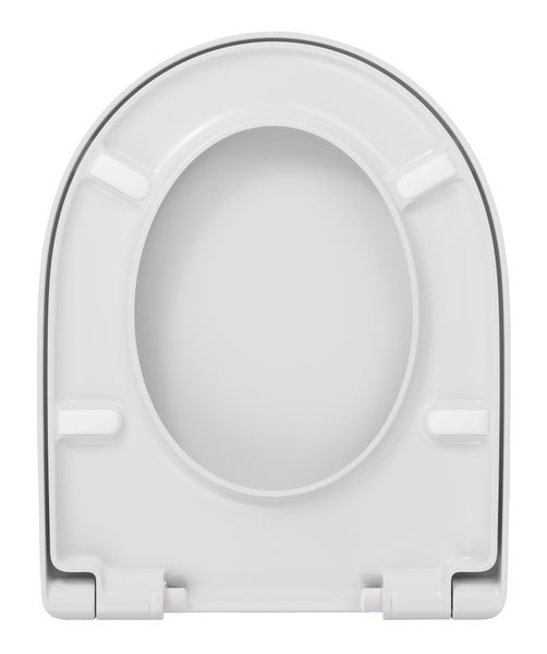 Unterseite eines ovalen Toilettensitzes aus Kunststoff mit Befestigungsscharnieren