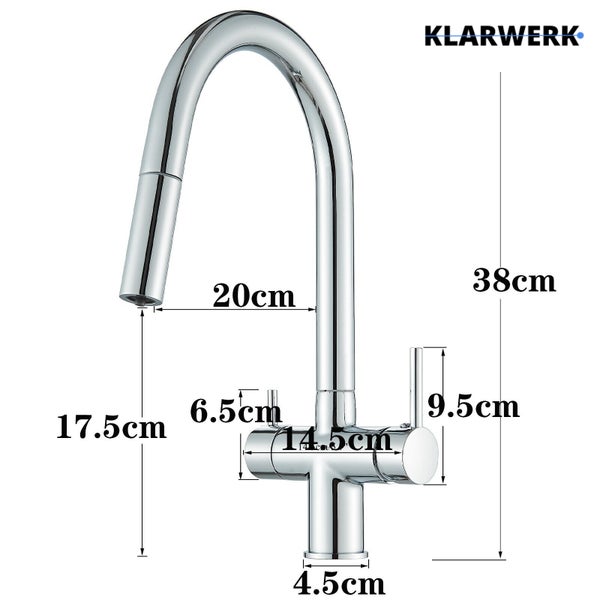 Klarwerk Küchenarmatur mit Maßen: Höhe 38 Zentimeter, Ausladung 20 Zentimeter, Auslaufhöhe 17,5 Zentimeter.