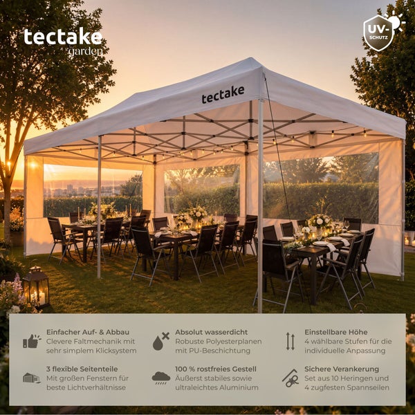 Gedeckte Tische im weißen Faltpavillon mit Fenstern. Pavillon bietet Ultraviolett-Schutz, ist wasserdicht, hat Aluminiumgestell. tectake Logo.