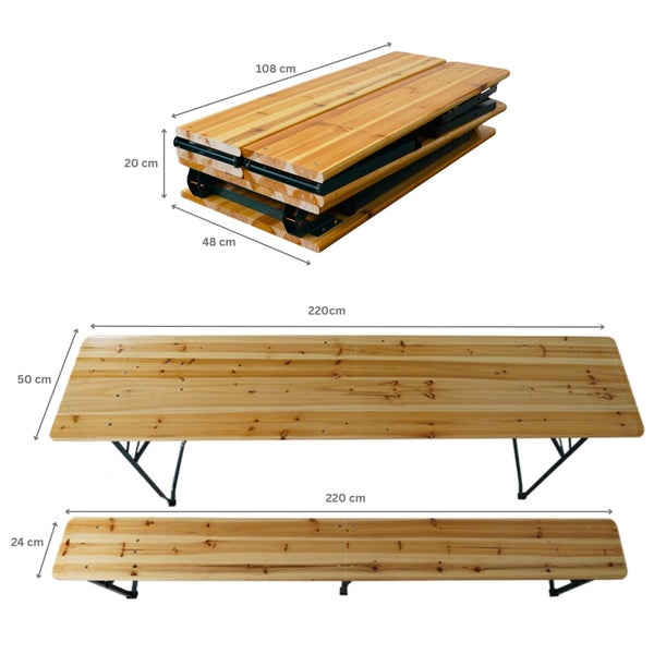 Klapptisch aus Holz mit den Maßen 220 x 50 Zentimeter, zusammengeklappt 108 x 48 x 20 Zentimeter
