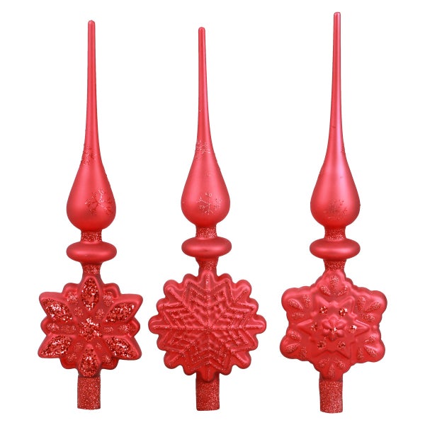 Drei Christbaumspitzen mit Schneeflockenmotiven