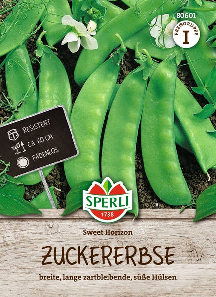 Samenpaket Zuckererbse Sweet Horizon von Sperli mit Informationen zu Wuchshöhe und Eigenschaften.