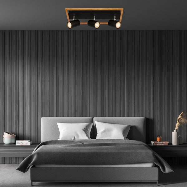 Spotlight, black, with wood, excl. 3xGU10/max. 9W