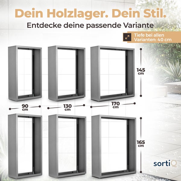 Sechs Holzregale in verschiedenen Größen mit den Maßen 90 cm, 130 cm, 170 cm Breite und 145 cm, 165 cm Höhe.