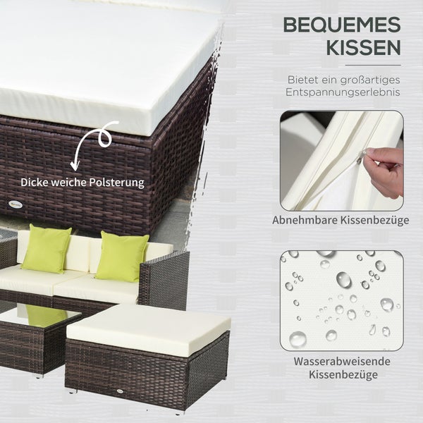 Outsunny 5-tlg. Polyrattan Gartenmöbel Set Gartengarnitur Loungeset Loungemöbel Garten-Set Sitzgruppe mit Beistelltisch Kissen Braun