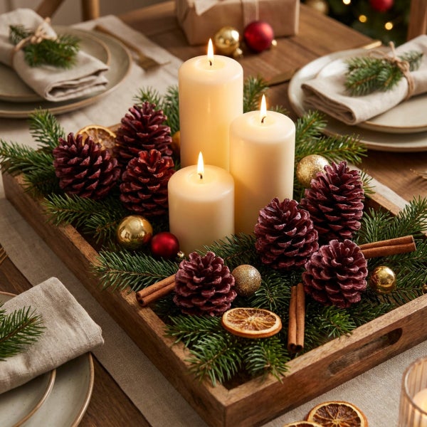 Weihnachtliche Tischdekoration mit drei Stumpenkerzen, Tannenzweigen, Zapfen, Zimtstangen und Weihnachtskugeln auf einem Holztablett.