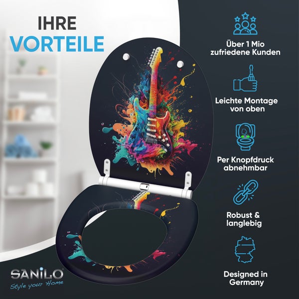 Sanilo Toilettensitz mit Gitarren-Motiv, einfache Montage von oben, abnehmbar per Knopfdruck, robust und langlebig, entwickelt in Deutschland.