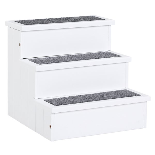 PawHut Hundetreppe 3 Stufen Katzentreppe Haustiertreppe Hundetreppe für Hunde und Katzen Tiertreppe Einstiegshilfe mit Teppich Stauraum für Sofa Bett Tannenholz Weiß 40,5 x 44,5 x 38 cm