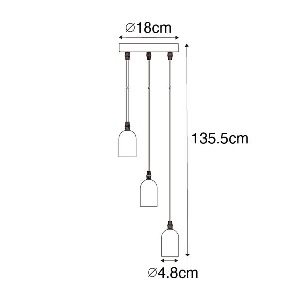 Technische Zeichnung einer Pendelleuchte mit drei Lampen und Maßangaben