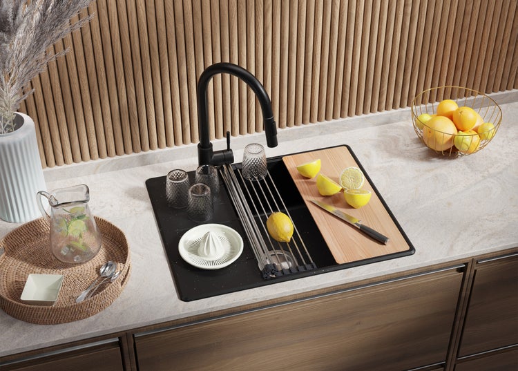PRIMAGRAN Granitspüle Schwarz 78x50cm, Spülbecken 1 Becken + Küchenarmatur 40x20cm + Ablauf-Set + Küchenzubehörset, Küchenspüle ab 45er Unterschrank - Sydney