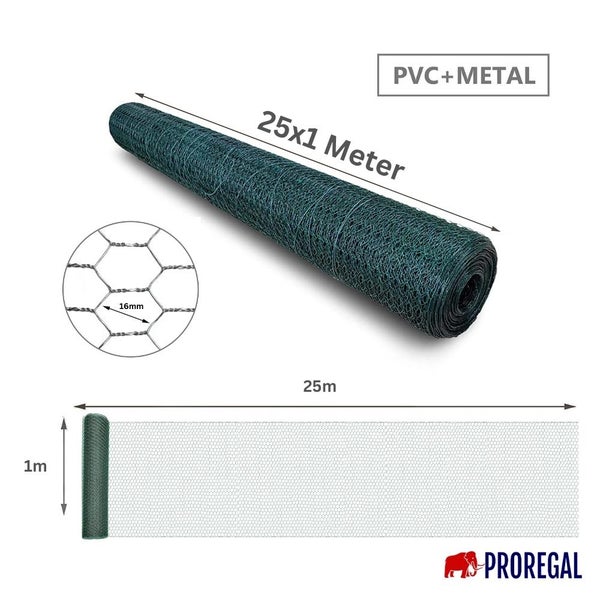 PROREGAL Maschendrahtzaun Sechseckgeflecht Keepy Höhe 1,0 Meter Länge 25 Meter Maschenweite 16 mm Drahtstärke 1,0 mm PVC-Beschichtet Grün