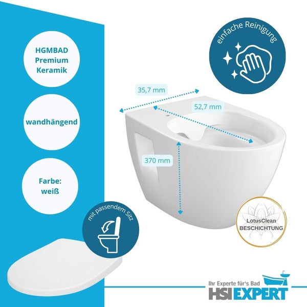 Wandhängendes Bidet aus Premium Keramik mit LotusClean Beschichtung, inklusive passendem Sitz und Maßangaben