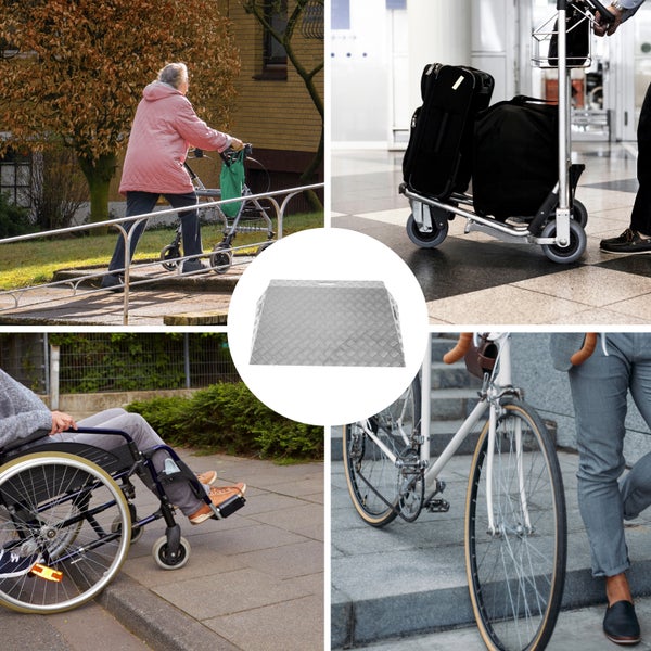 Anwendungsbeispiele für eine Aluminiumrampe zur Überwindung von Höhenunterschieden für Personen mit Rollator, Rollstuhl, Gepäckwagen und Fahrrad.