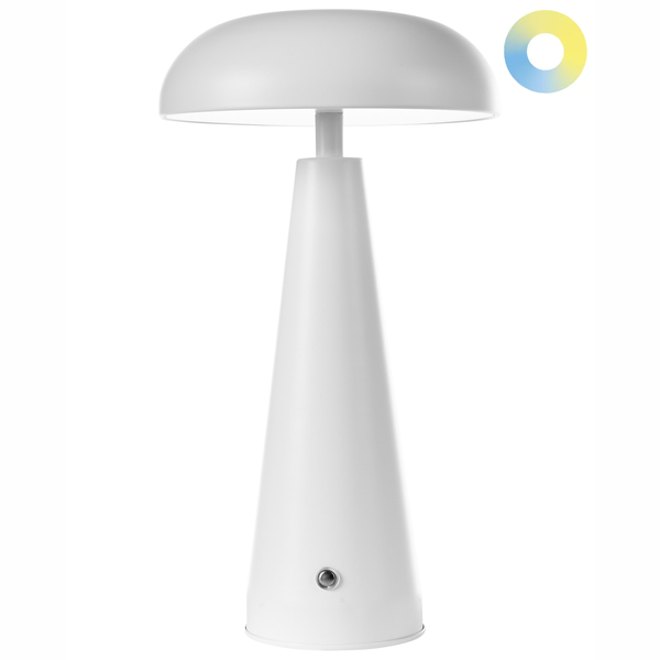 Moderne weiße Tischleuchte mit kegelförmigem Fuß, pilzförmigem Schirm und einstellbarer Lichtfarbe.