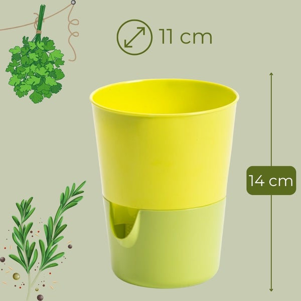 Kräutertopf aus Kunststoff mit einem Durchmesser von 11 Zentimetern und einer Höhe von 14 Zentimetern.