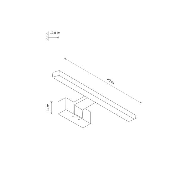 Technische Zeichnung einer 40 Zentimeter langen LED-Wandleuchte mit den Maßen 12,8 Zentimeter Tiefe und 5,1 Zentimeter Höhe.