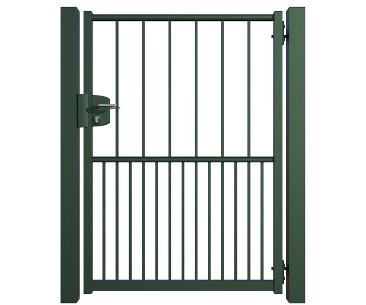 Gartentür aus Metall mit Schloss und vertikalen Streben