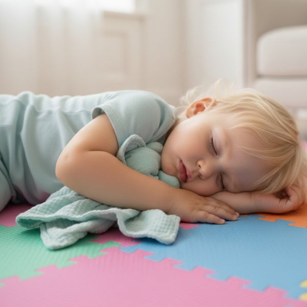 Ein schlafendes Kleinkind auf einer Puzzlematte aus Schaumstoff in einem hellen Kinderzimmer.