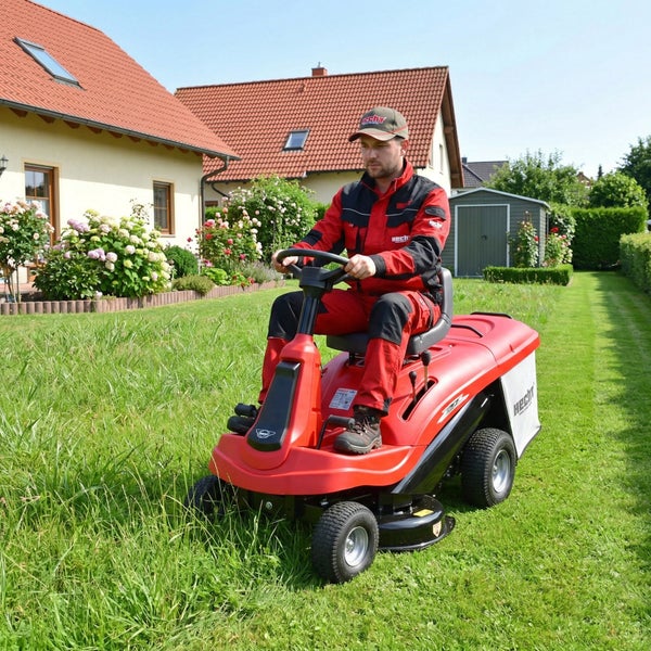 Mann fährt Rasentraktor im Garten mit Haus im Hintergrund