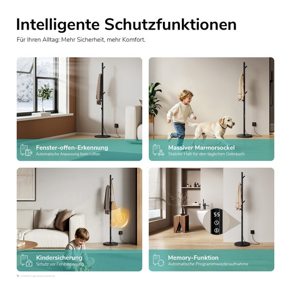Infografik zeigt Sicherheitsfunktionen eines elektrischen Heizkörpers wie Fenster offen Erkennung, Marmorsockel, Kindersicherung und Memory Funktion.