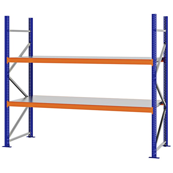 Schwerlastregal mit blauem Metallrahmen, orangefarbenen Traversen und zwei grauen Fachböden aus Stahl.