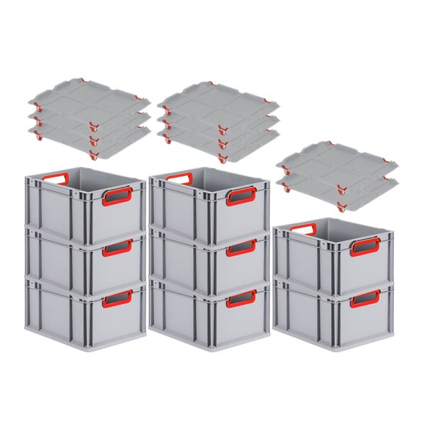 PROREGAL Spar Set 8x Eurobox Nextgen Color Mit Auflagedeckel & Schiebeschnappverschlüsse HxBxT 22 x 30 x 40 cm Griffe Rot Offen Glatter Boden