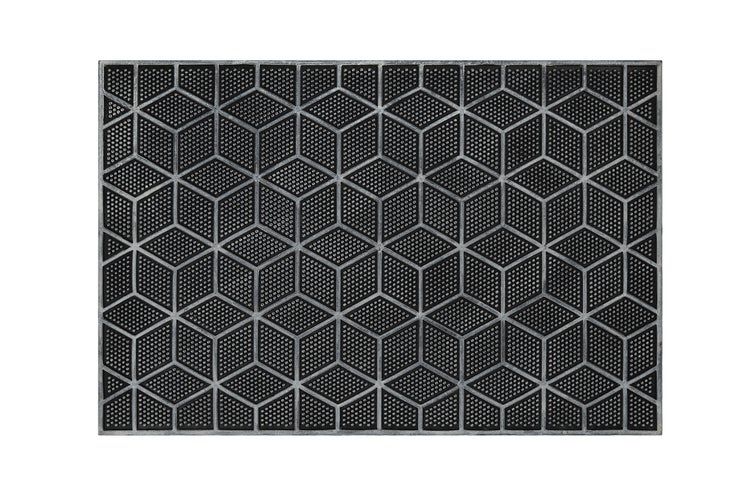 Fußmatte mit geometrischem 3D-Würfelmuster aus Gummi, strukturiert und rutschfest.