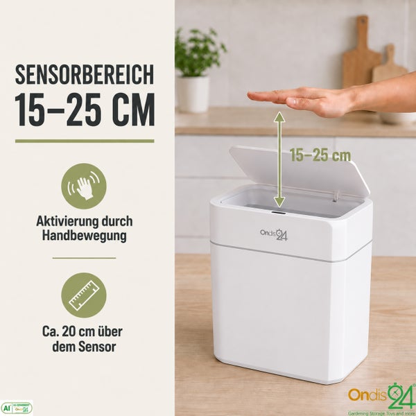 Automatischer Sensor Abfalleimer mit Deckel, der auf Handbewegungen im Bereich von 15 bis 25 Zentimeter reagiert, Ondis 24 Logo.