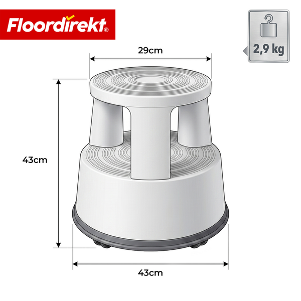 Floordirekt Logo, Rollhocker, Höhe 43 Zentimeter, Breite 43 Zentimeter, oberer Durchmesser 29 Zentimeter, Gewicht 2,9 Kilogramm.