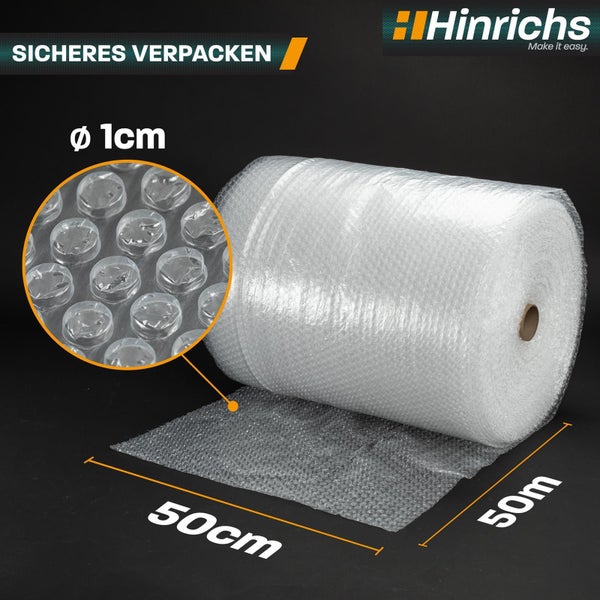 Hinrichs Luftpolsterfolie auf Rolle, Breite 50 Zentimeter, Länge 50 Meter, Noppendurchmesser 1 Zentimeter für sicheres Verpacken. Hinrichs Logo.
