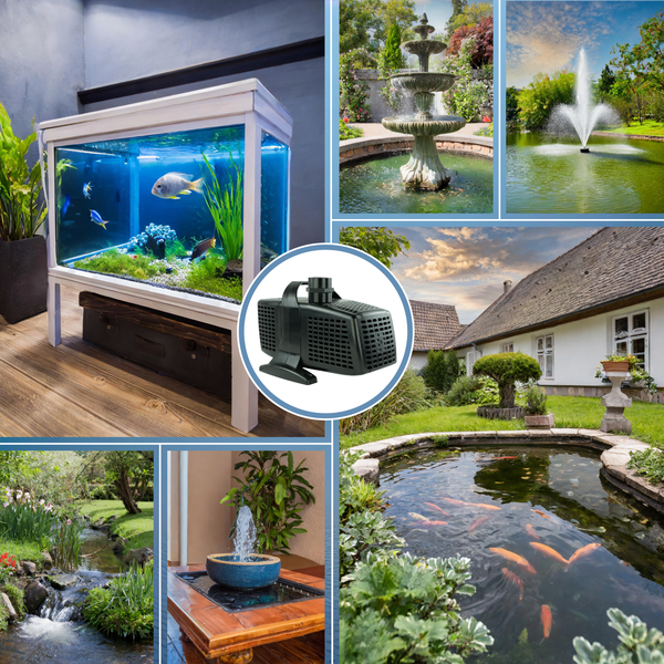 Schwarze Wasserpumpe im Einsatz für Aquarien, mehrstufige Gartenbrunnen, Teiche mit Fischen und einen künstlichen Bachlauf.