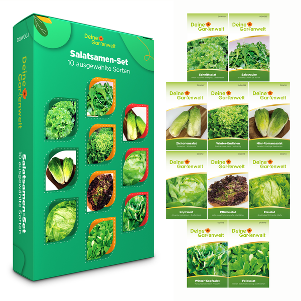 Salatsamen-Set von Deine Gartenwelt mit 10 ausgewählten Sorten wie Kopfsalat, Feldsalat und Eissalat.
