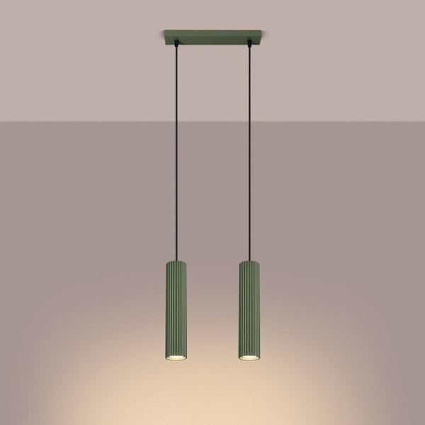 Zwei grüne LED-Hängeleuchten mit zylindrischen Lampenschirmen