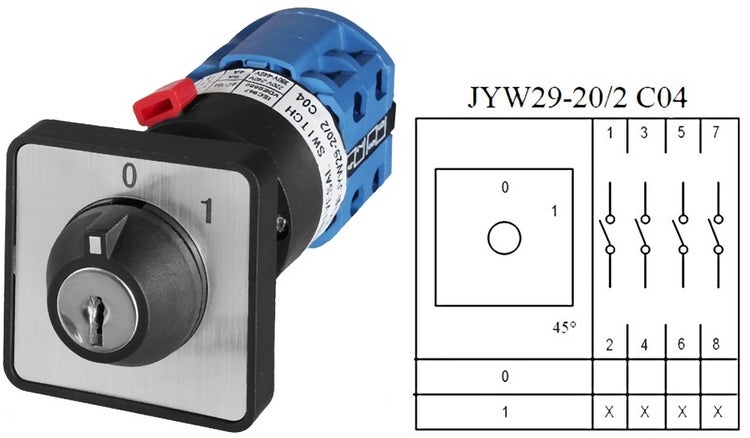 Schlüsselschalter JYW29-20/2 C04 mit den Stellungen 0 und 1, inklusive Schaltplan für 45 Grad Drehwinkel und vier Pole.