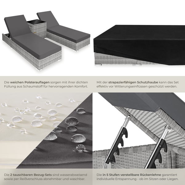 2er Set Rattan Sonnenliegen tectake  wetterfest und UV-beständig mit Aluminiumgestell hellgrau