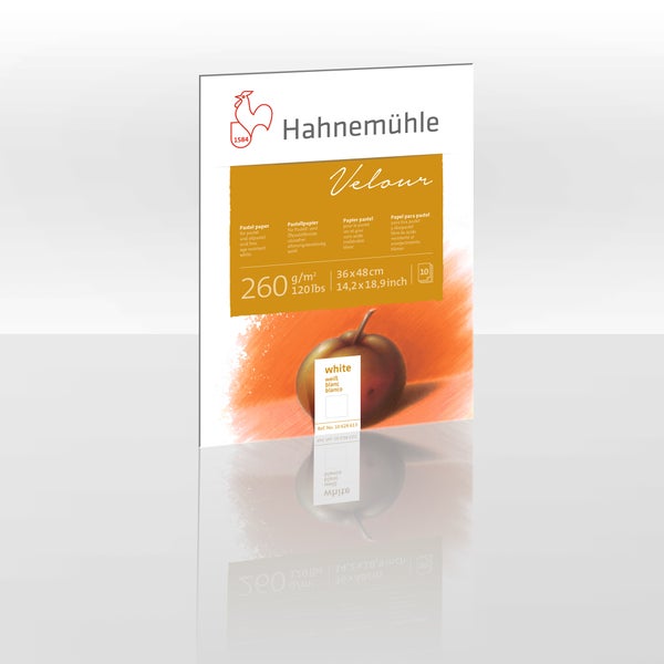 Hahnemühle Logo, Hahnemühle Velour Pastellpapier Block weiß 260 Gramm pro Quadratmeter 36 mal 48 Zentimeter 10 Blatt