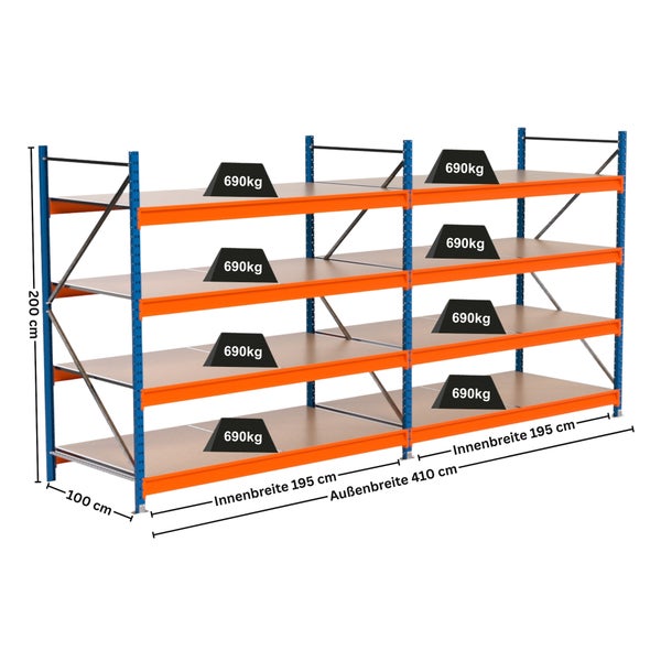 Regal mit vier Ebenen und den Maßen 200 x 100 x 195 cm, Belastbarkeit 690 kg