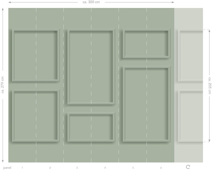 Illustration einer Wandvertäfelung mit Rahmen und Maßangaben