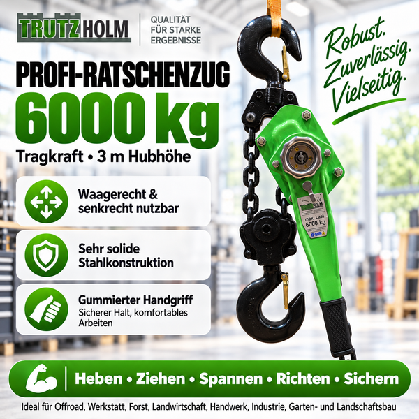 Trutz Holm Profi Ratschenzug mit 6000 Kilogramm Tragkraft und 3 Meter Hubhöhe aus Stahl für Hebe- und Zugarbeiten in Werkstatt und Industrie.