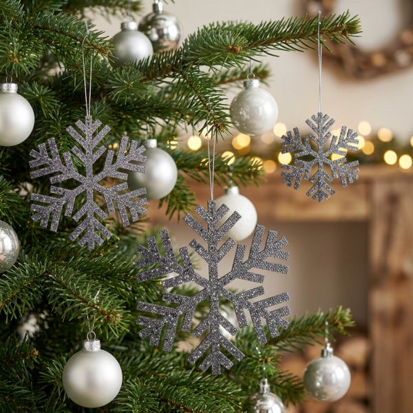 Weihnachtsbaumschmuck mit Schneeflocken Anhängern und Christbaumkugeln an einem Tannenbaum.