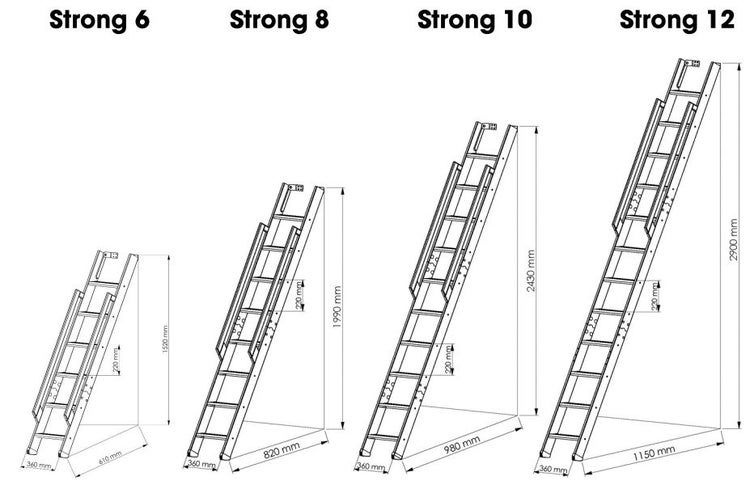 Technische Zeichnung von Bodentreppen in verschiedenen Größen