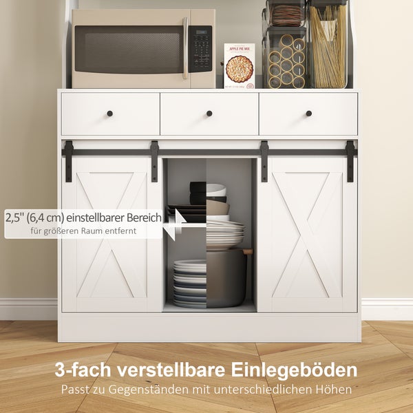 Weißer Küchenschrank im Landhausstil mit drei Schubladen, zwei Schiebetüren und dreifach verstellbaren Einlegeböden für flexibles Verstauen.