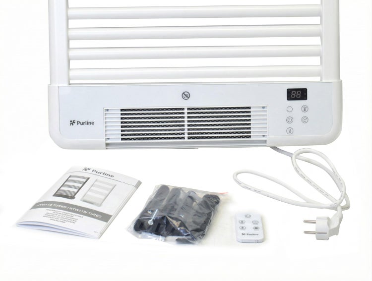 PURLINE Handtuchwärmer mit Zubehör wie Fernbedienung, Anleitung und Befestigungsmaterial