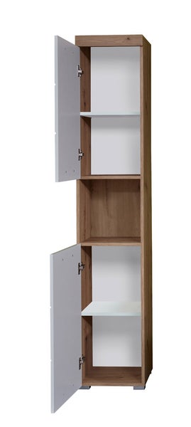 AmandaMando Bad Hochschrank 2 Türen, 1 offenes Fach Eiche Dekor, weiß Hochglanz. 37 X 31 X 190 cm