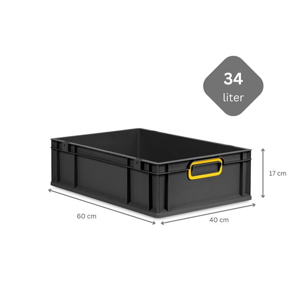 PROREGAL SuperSparSet 5x Eurobox NextGen Color mit Scharnierdeckel und Schiebeschnappverschlüssen, HxBxT 17x40x60cm, 34 Liter, Schwarz, Griffe gelb geschlossen, Eurobehälter, Transportbox, Transportbehälter, Stapelbehälter