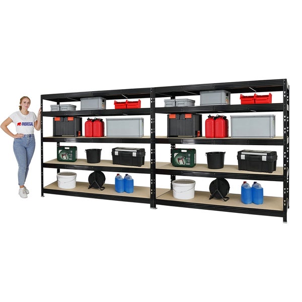 PROREGAL Mega Deal 2x Profi Schwerlastregal Rhino HxBxT 180 x 200 x 60 cm 5 Spanplatten-Ebenen 8mm Fachlast 500 kg Schwarz
