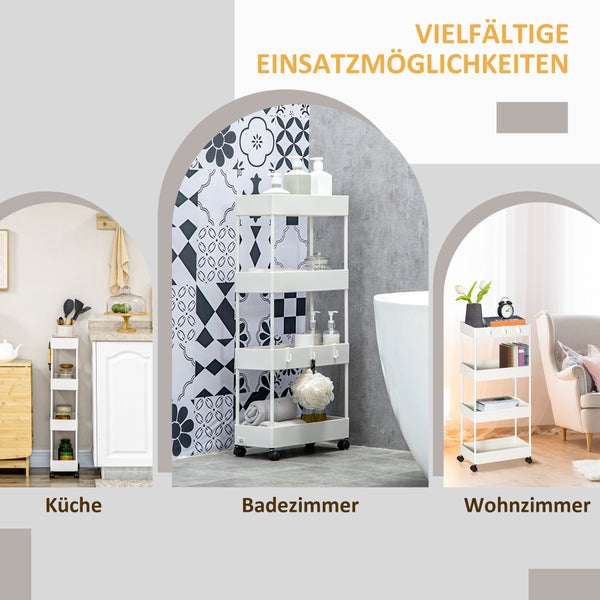 HOMCOM Rollwagen, Küchenwagen mit 4 Ebenen, Aufbewahrungsregal mit Rollen, Servierwagen mit Bremsen, Küchenregal für Schlafzimmer, Küche, Wohnzimmer, Kunststoff, Weiß, 40 x 19 x 90 cm